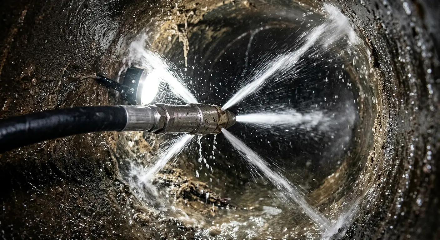 High-pressure hydro jetting nozzle cleaning sewer pipe for Emergency Drain Service in Fort Pierce North